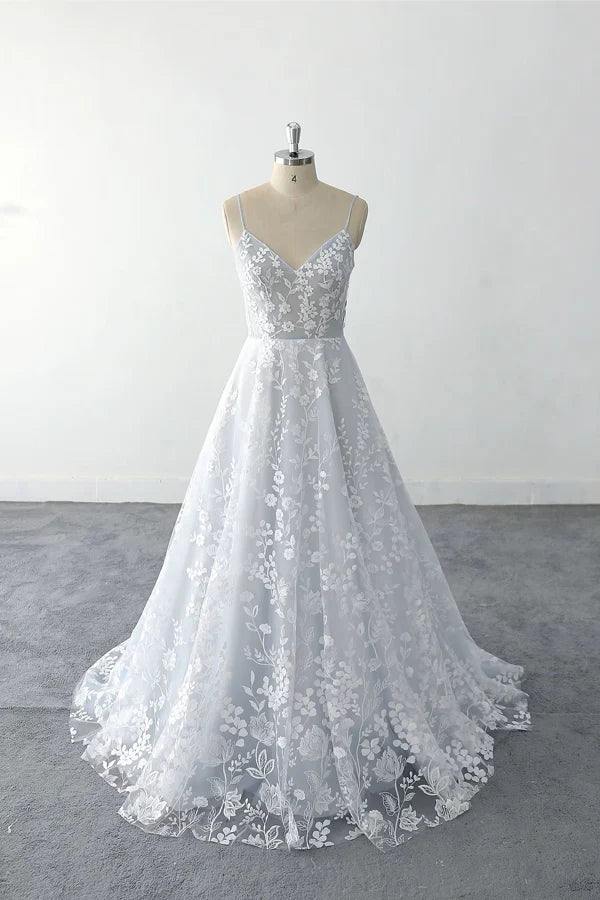 Spaghetti Straps Floral Lace Light Dusty Blue Tulle Wedding Dress